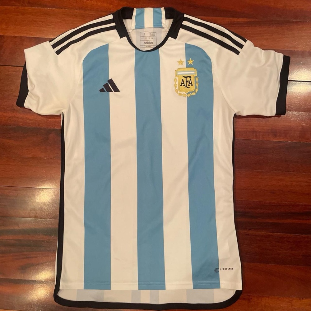 Adidas Blue and White Striped Soccer Jersey